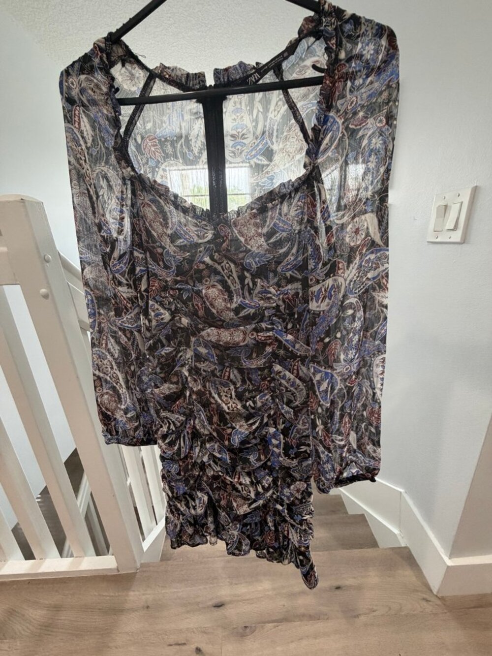 Zara Blue Black Paisley Ruched Long Sleeve Mini Dress Size XS